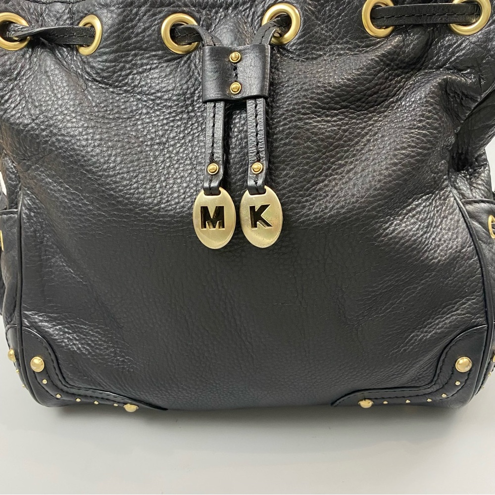 Michael Kors Black Leather Shoulder Bag with Gold Accents Gold MK Charm Studs - Picture 16 of 16